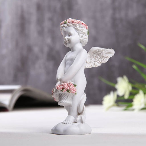 Фигурка полистоун Ангел с корзинкой розовых роз, 10?3.5?5 см