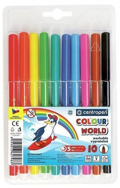 Фломастеры CENTROPEN "COLOR WORLD" 10 цв. (7550/10) трехгран., смываемые, в блистере