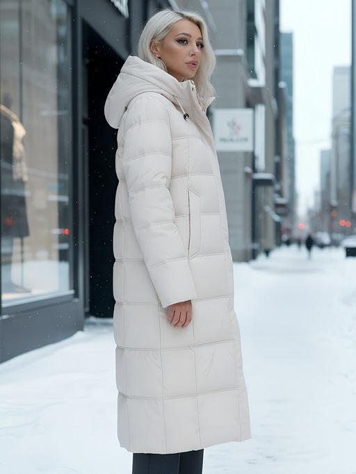 Пальто утепленное стеганное зимнее с капюшоном женское бежевого цвета 9627B - Mtforce фото 20