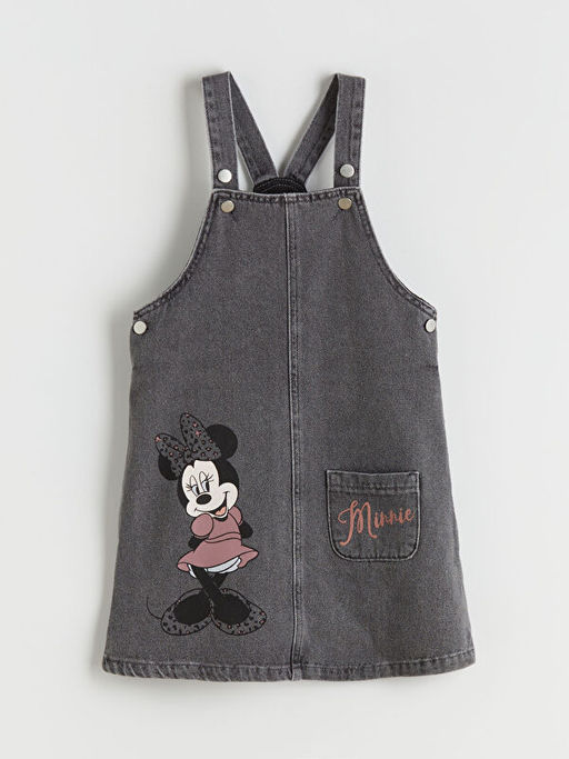 Kare Yaka Minnie Mouse Bask?l? K?z ?ocuk Jean Salopet Elbise