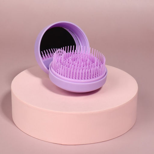 Расчёска массажная, круглая, складная, с зеркалом, d=7.5 см, в коробке, сиреневая