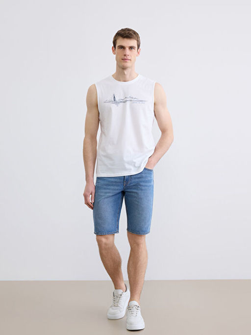 Bisiklet Yaka Bask?l? Erkek Kolsuz Ti??rt