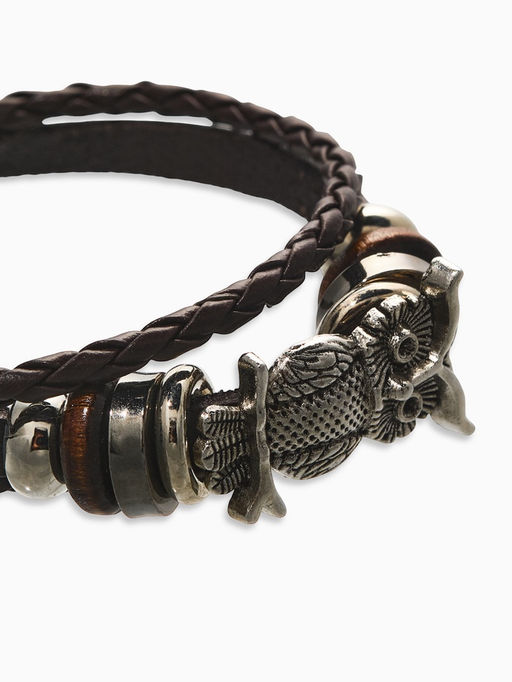 Браслет кожаный «Совушка», L=20 см, коричневый в чернёном серебре