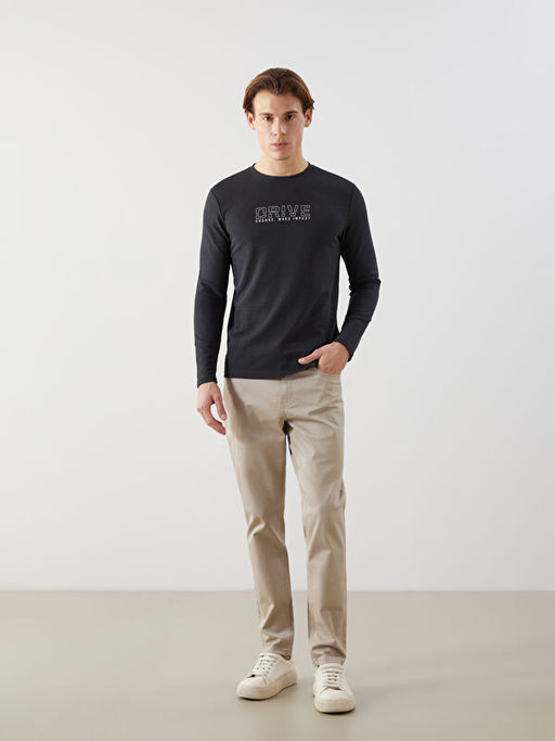 Bisiklet Yaka Uzun Kollu Bask?l? Erkek Sweatshirt
