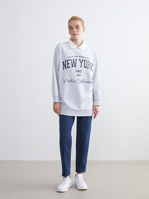 G?mlek Yaka Bask?l? Oversize Kad?n Sweatshirt Tunik