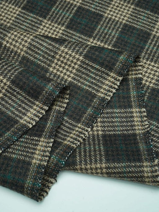 Шерсть пальтово-костюмная Твид Клетка цв.бежево-зеленый на коричневом, ш.1.5м, шерсть-50%, п/э-50% - Купава фото 15