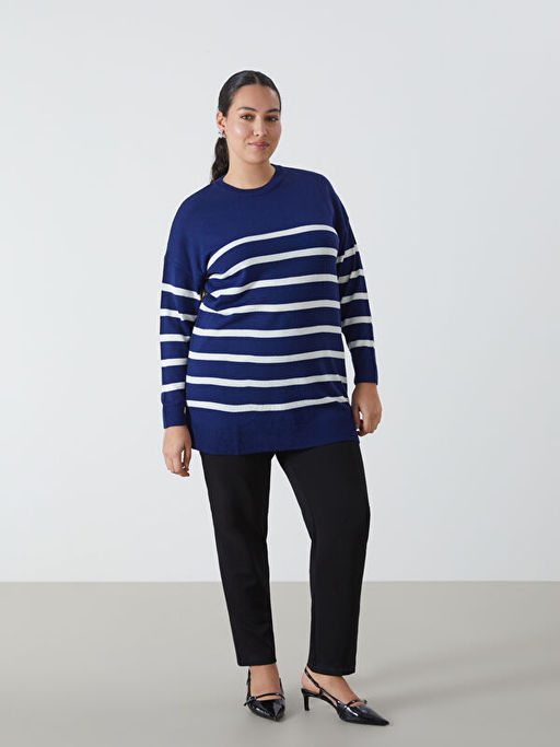 Bisiklet Yaka ?izgili Uzun Kollu Kad?n Triko Tunik