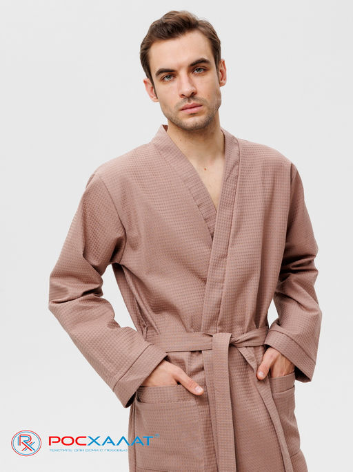 Мужской вафельный халат с планкой коричневый В-03 (21)