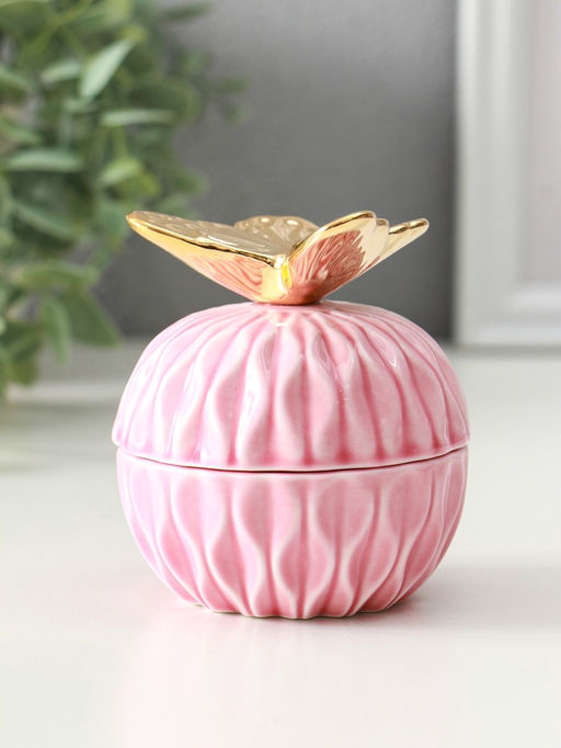 Шкатулка для украшений с крышкой «Золотой филин», керамика, розовая, 8×8×12 см