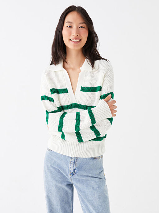 Polo Yaka ?izgili Uzun Kollu Kad?n Triko Kazak