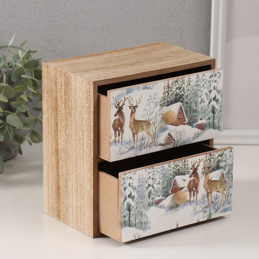 Шкатулка для чая 2 ящика Олени у заснеженного домика, дерево, 10.2?17.2?17.6 см