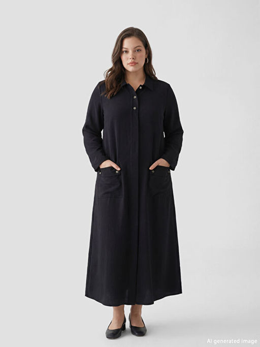 G?mlek Yaka Keten G?r?n?ml? Elbise