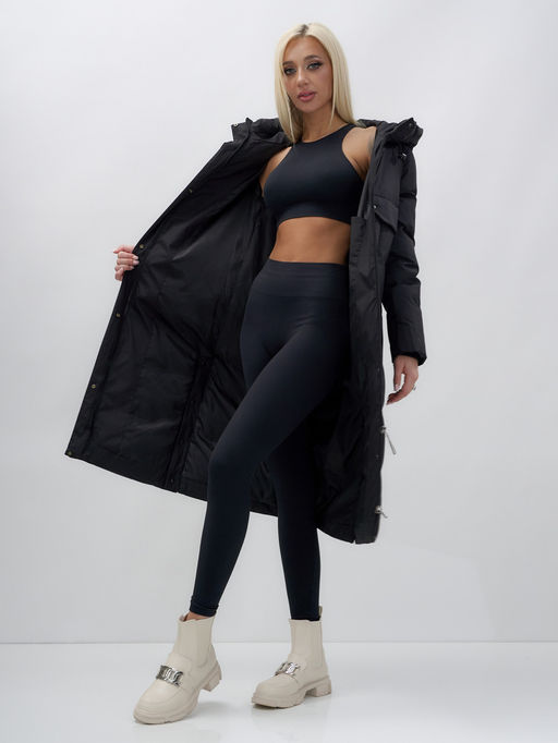 Пальто утепленное стеганное зимнее с капюшоном женское черного цвета 9628Ch - Mtforce фото 18