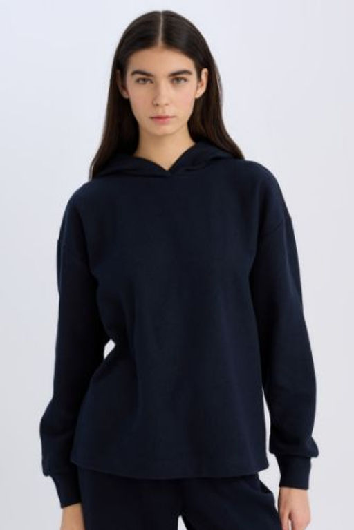 Relax Fit Kapusonlu Basic Duz Sweatshirt