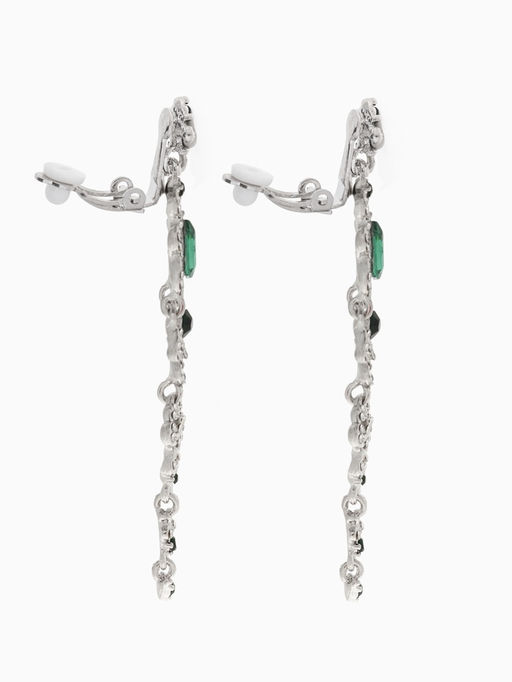 Клипсы для ушей висячие со стразами QF Ажур, капли с завитками, цвет бело-изумрудный в серебре