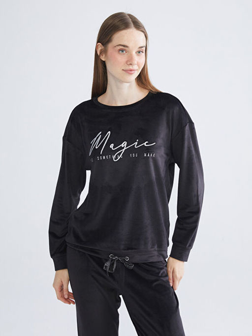 Bisiklet Yaka Nak??l? Kadife Kad?n Pijama Tak?m?