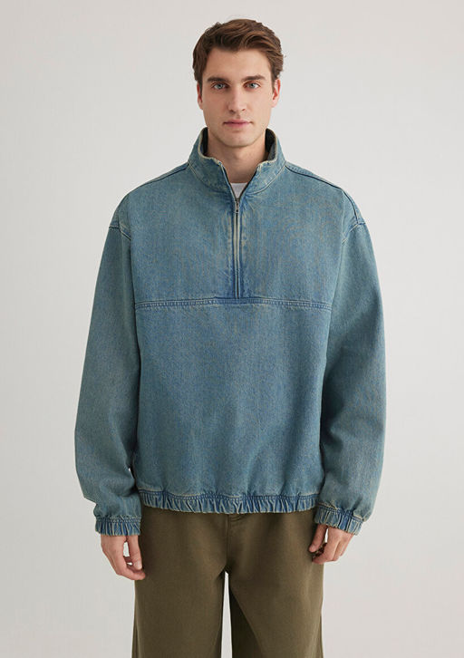 Yar? Fermuarl? Denim Sweatshirt - Mavi фото 4