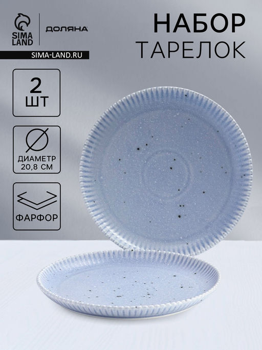 Тарелки Доляна Коралл, d=20.8 см, набор 2 шт., фарфор, голубые