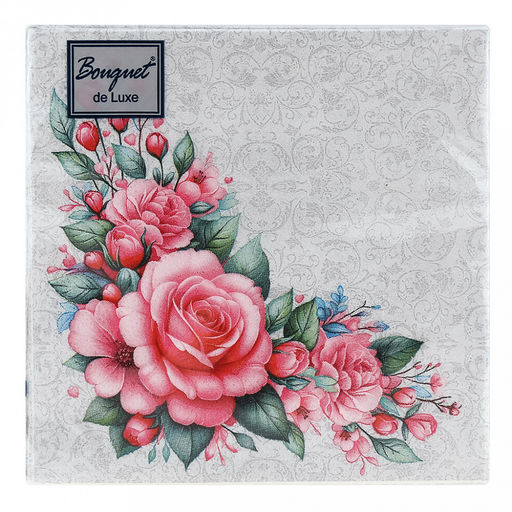 Салфетки бумажные Bouquet de Luxe 24х24см, 3-х слойные, 25 штук в упаковке, 100% целлюлоза, Дикая роза NEW (Россия)  фото 2