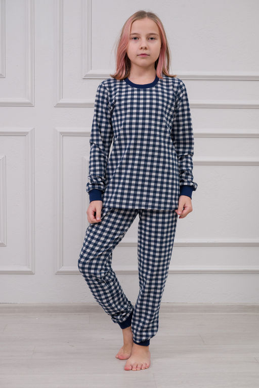 Пижама подростковая из кулирки пенье на манжетах Дрёма клетка синяя - Амадэль фото 3