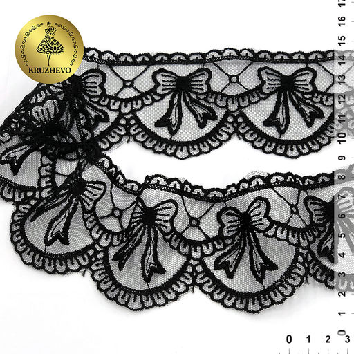 Кружево на сетке KRUZHEVO матовая нить с бантиками арт.TBY.635 шир.60мм цв.06 черный уп.13,71м