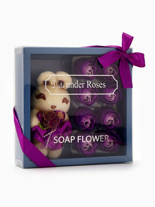 Набор мыльных роз в коробке 8 штук, фиолетово-белые с зайчиком - SB BEAUTY фото 4