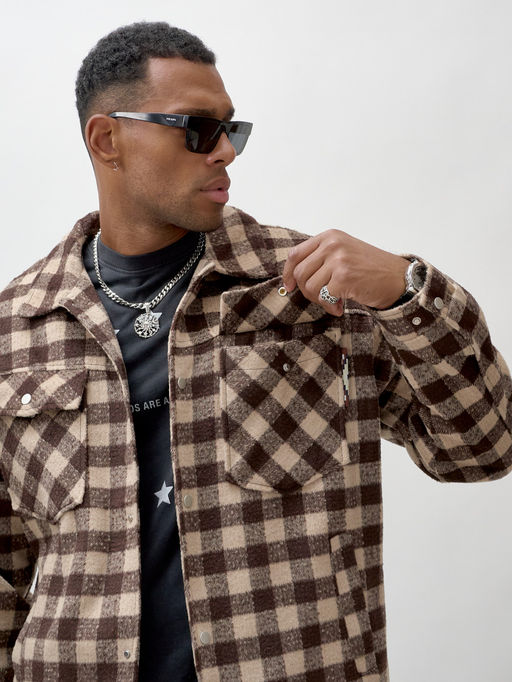 Куртка рубашка шерстяная в клетку мужская демисезонная коричневого цвета 58566K