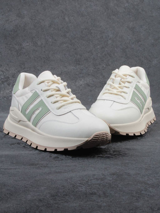 03-WG040-1M MILK/GREEN Кроссовки демисезонные женские (натуральная кожа)