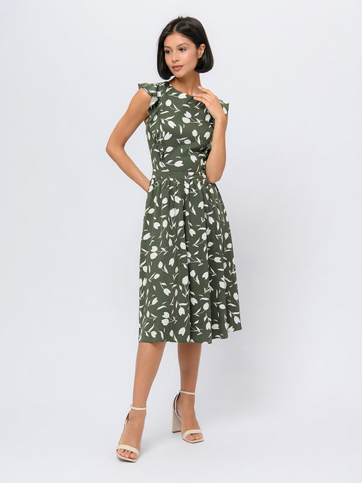 Платье цвета хаки с принтом длины миди и воланами на плечах - 1001dress фото 3