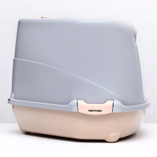 Туалет-домик угловой для кошек закрытый с дверцей 57×46×37 см, бежево-серый