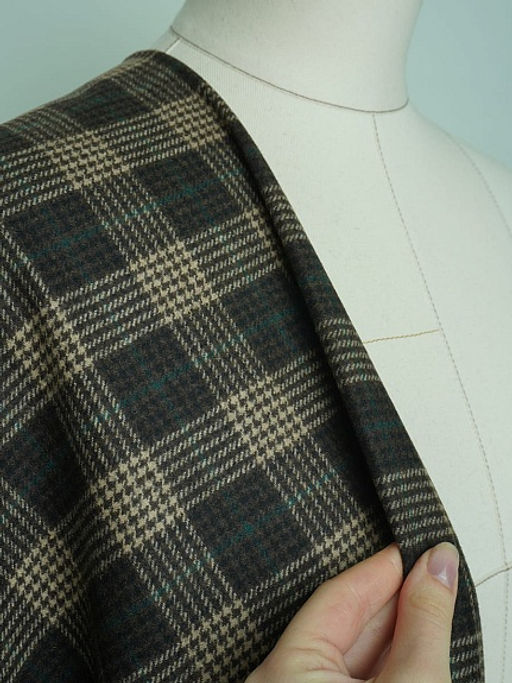 Шерсть пальтово-костюмная Твид Клетка цв.бежево-зеленый на коричневом, ш.1.5м, шерсть-50%, п/э-50% - Купава фото 5
