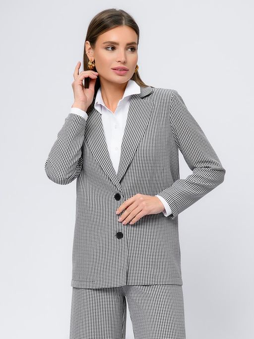 Жакет черный в мелкую клетку удлиненный с отложным воротником - 1001dress фото 2