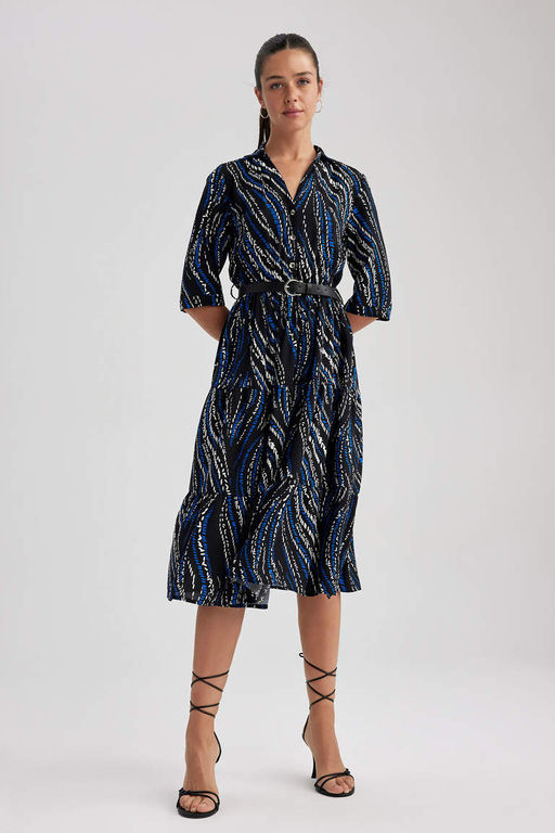 Платье миди с воротником-рубашкой и узором до половины рукава - Defacto фото 2