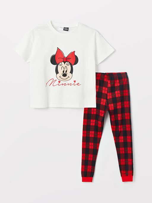 Bisiklet Yaka Minnie Mouse Bask?l? K?sa Kollu K?z ?ocuk Pijama Tak?m?