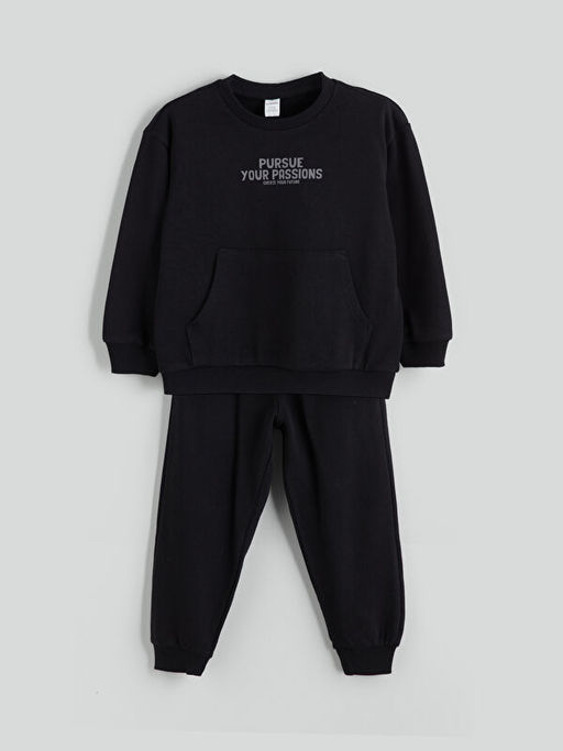 Kap??onlu Uzun Kollu Basic Erkek Bebek Sweatshirt ve E?ofman Alt 2li Tak?m