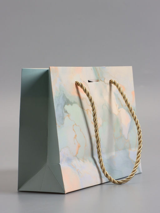 Пакет подарочный ламинированный «Мрамор», голубой, с бантиком, 19×15×7 см