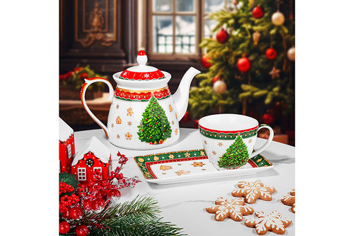 Чашка 250 мл с блюдцем для десерта 20*10*2 см Новогодняя елка красный узор NEW BONE CHINA - Elan gallery фото 17