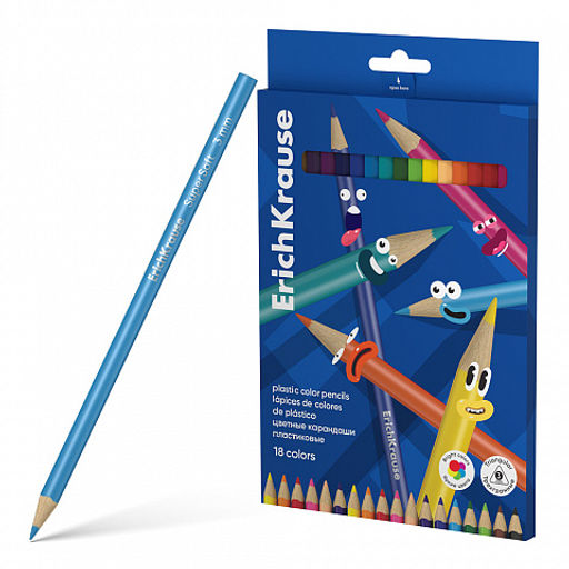 Цена за 10 шт. Цветные карандаши пластиковые ErichKrause Color Friends трехгранные, грифель 3 мм, 18 цветов (в коробке с европодвесом 18 шт)