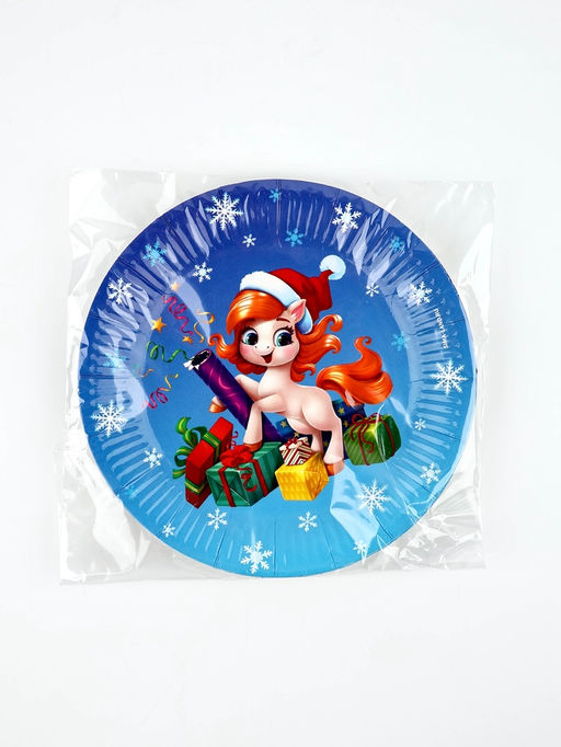 Цена за 10 шт. Тарелка одноразовая новогодняя «Лошадка в шапке», 18 см