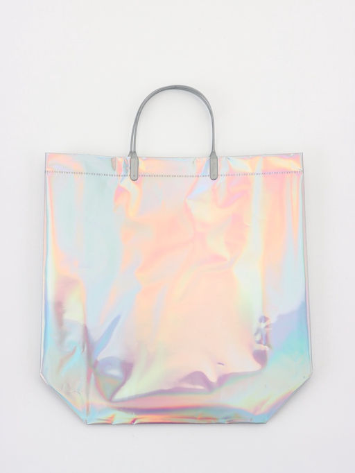 Пакет подарочный ПВХ, голография, серебро, пластикова ручка, 32×28×11 см