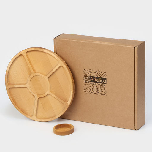 Менажница деревянная Adelica Фортуна, на ножках с соусницей, d=30 см, 70 мл, берёза