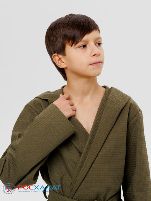 Подростковый вафельный халат с капюшоном хаки В-18 (26)