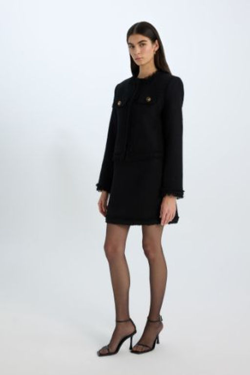 A Kesim Yuksek Bel Basic Duz Tweed Mini Siyah Etek
