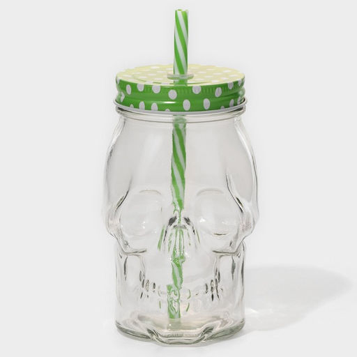 Кружка Доляна «Череп. Хэллоуин», 400 мл, 9×14.5 см, с крышкой и трубочкой, стекло, МИКС