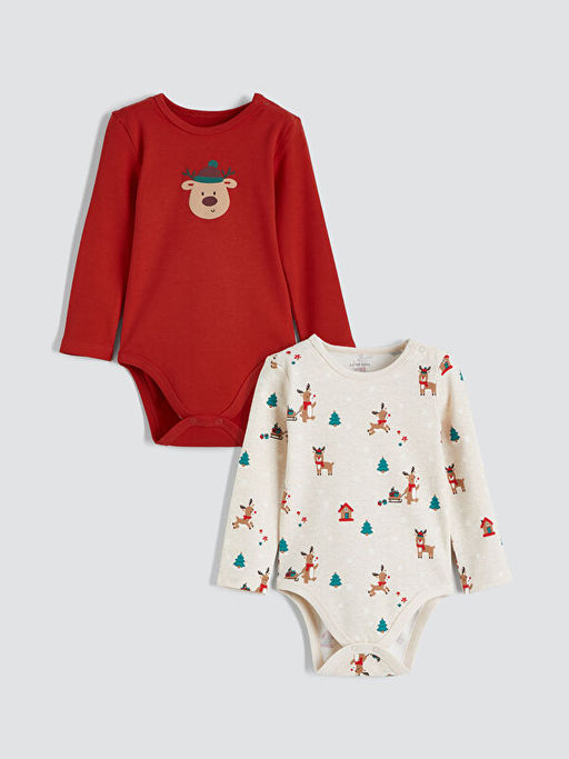 Geyik Bask?l? K?z Uzun Kollu Erkek Bebek ??t??tl? Body 2li