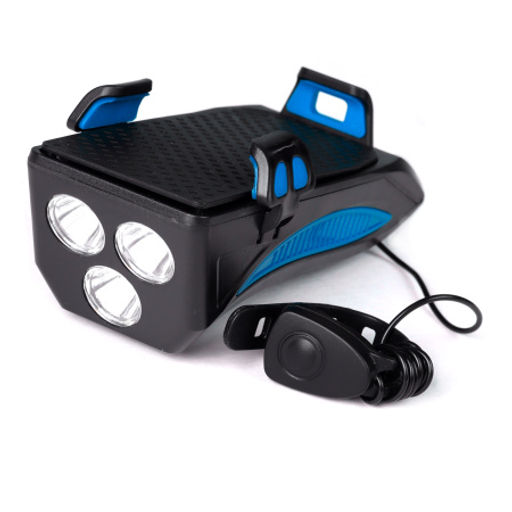 Фонарь передний COMIRON HOLDER ABS, IPX5; 3*T6 LED, 400lm; 4800mAh USB индикатор заряда POWER BANK сигнал 130Дб крепление смартфона синий /уп 20/80/ - Галеонтрейд фото 5
