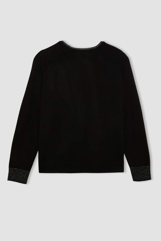 Женский черный свитер-туника стандартного кроя с круглым вырезом и рукавами реглан - Defacto фото 4