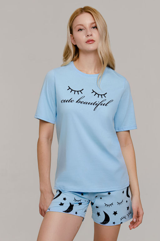 Арт. 9143 Пижама с шортами 42-50 (5 шт) Цвет:верх-небесный, низ-небесный