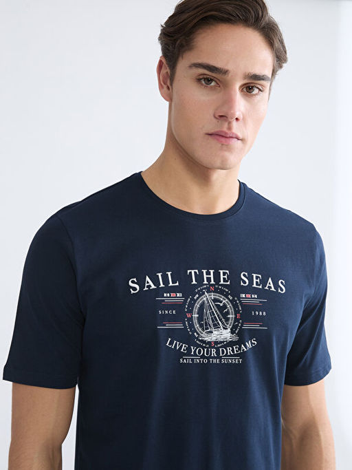 Bisiklet Yaka Bask?l? Penye Erkek Ti??rt