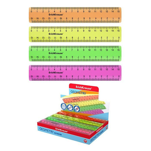 Цена за 5 шт.Линейка пластиковая ErichKrause Neon, 15см, ассорти из 4 цветов, в коробке-дисплее